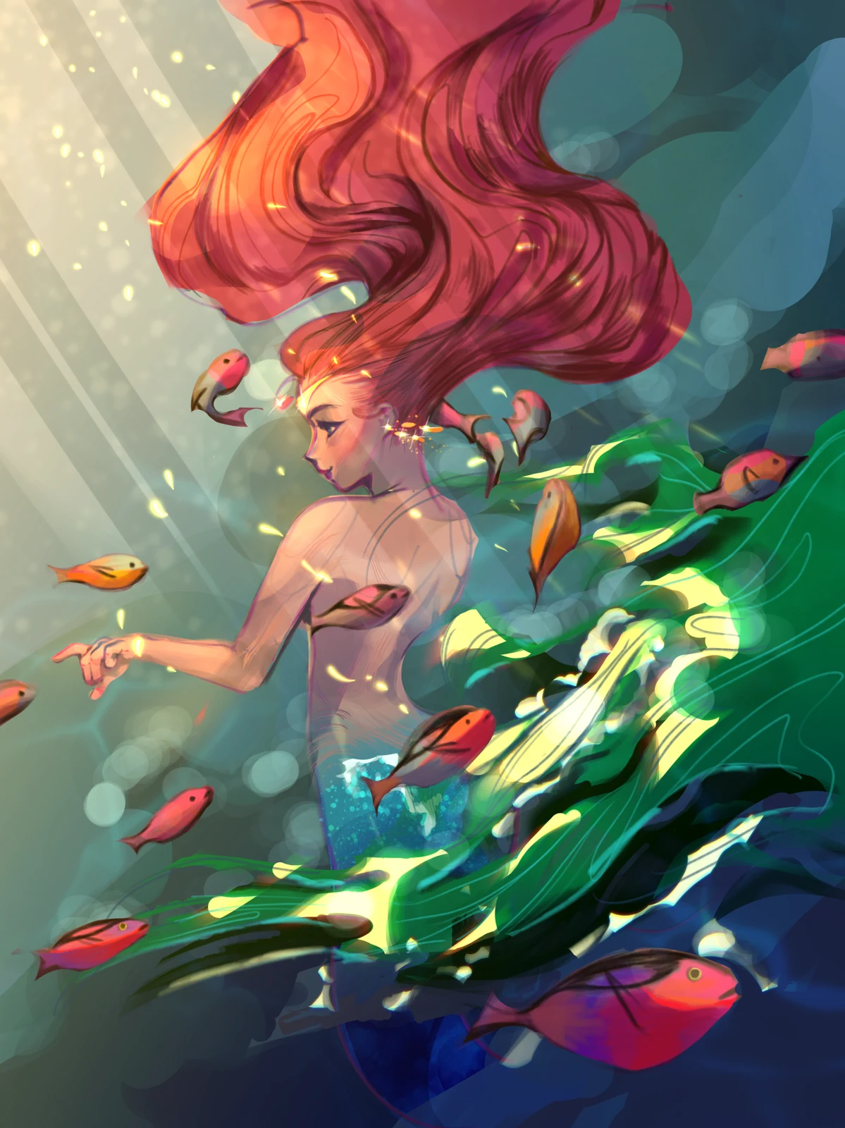 A red-haired mermaid rising through shafts of light among tropical fish