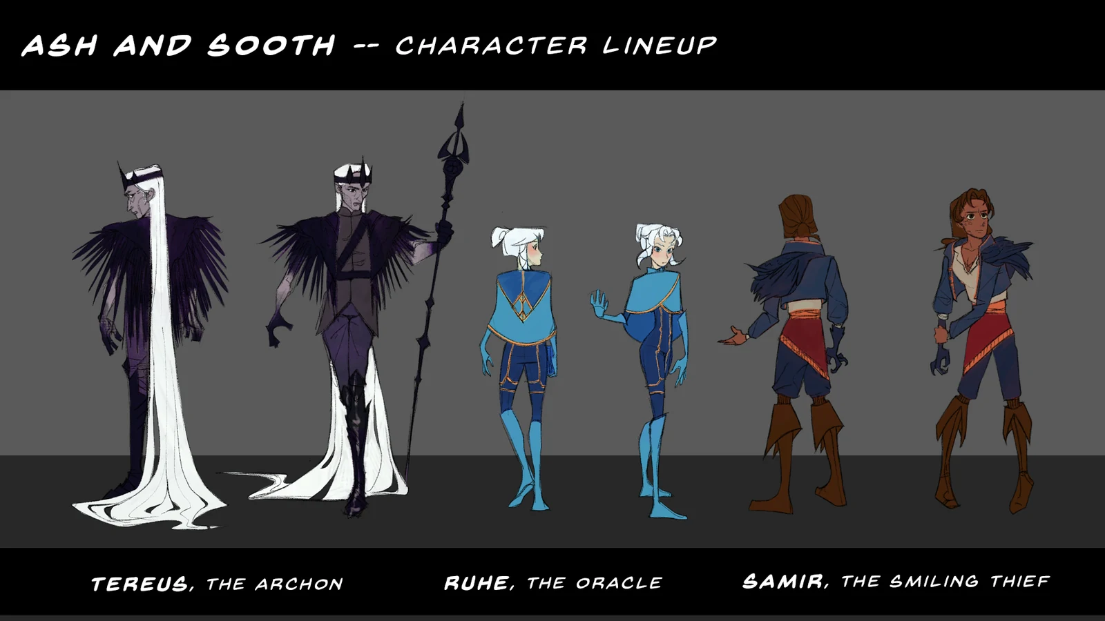 Ash and Sooth character lineup — Tereus, Ruhe and Samir, front and back, named beneath each