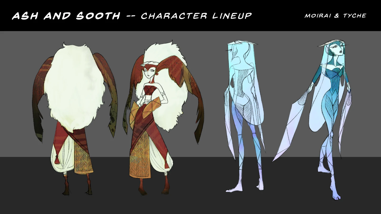 Ash and Sooth character lineup — Moirai and Tyche, front and back