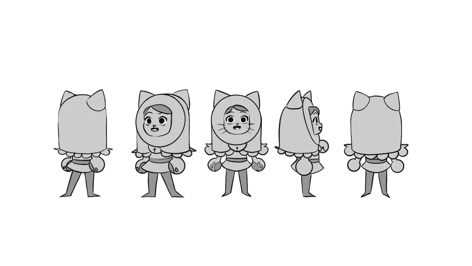 Baby cat turnaround — five rotations of a small hooded character in greyscale