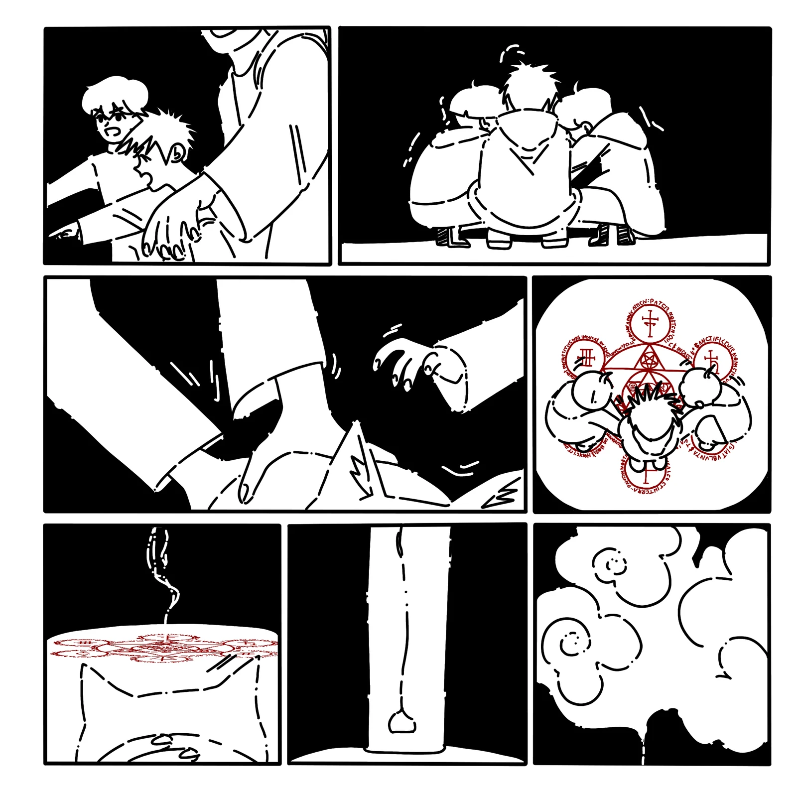 The Cat and the Demon — comic page: children gather around a summoning circle drawn in red