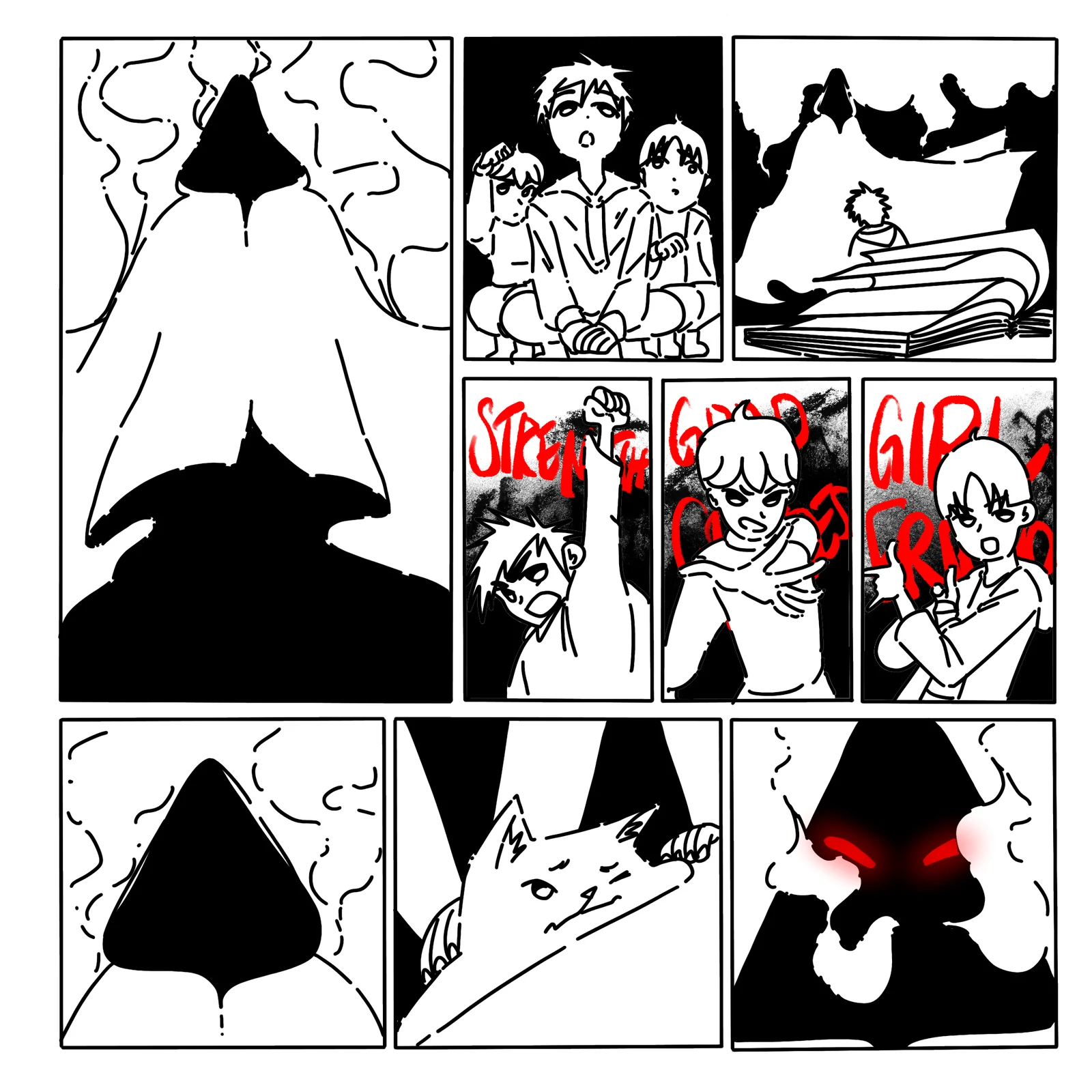 The Cat and the Demon — comic page: a hooded shape looms and the cat bares its teeth