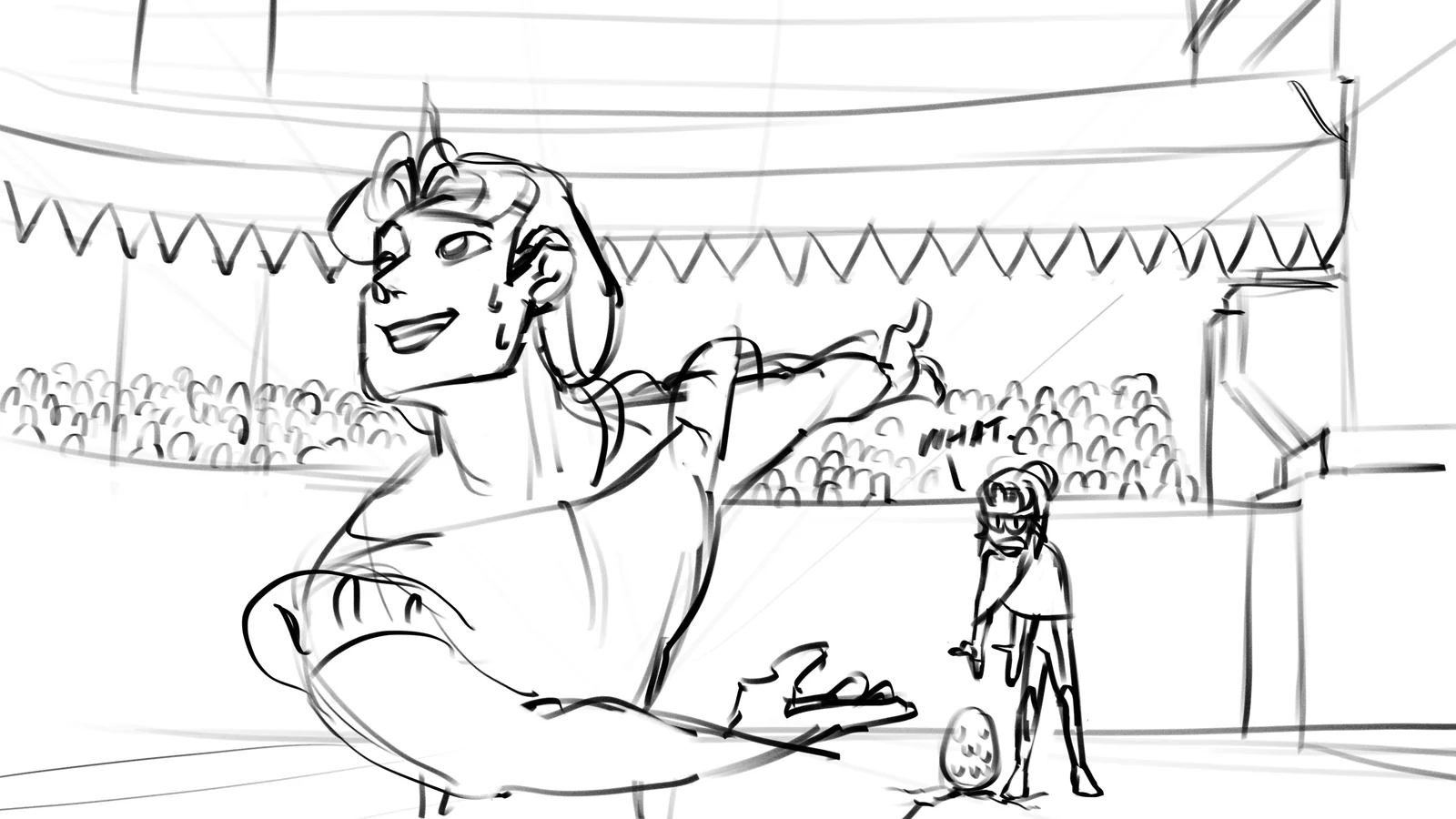 A performer on a stage gestures toward a small figure, a crowd behind bunting