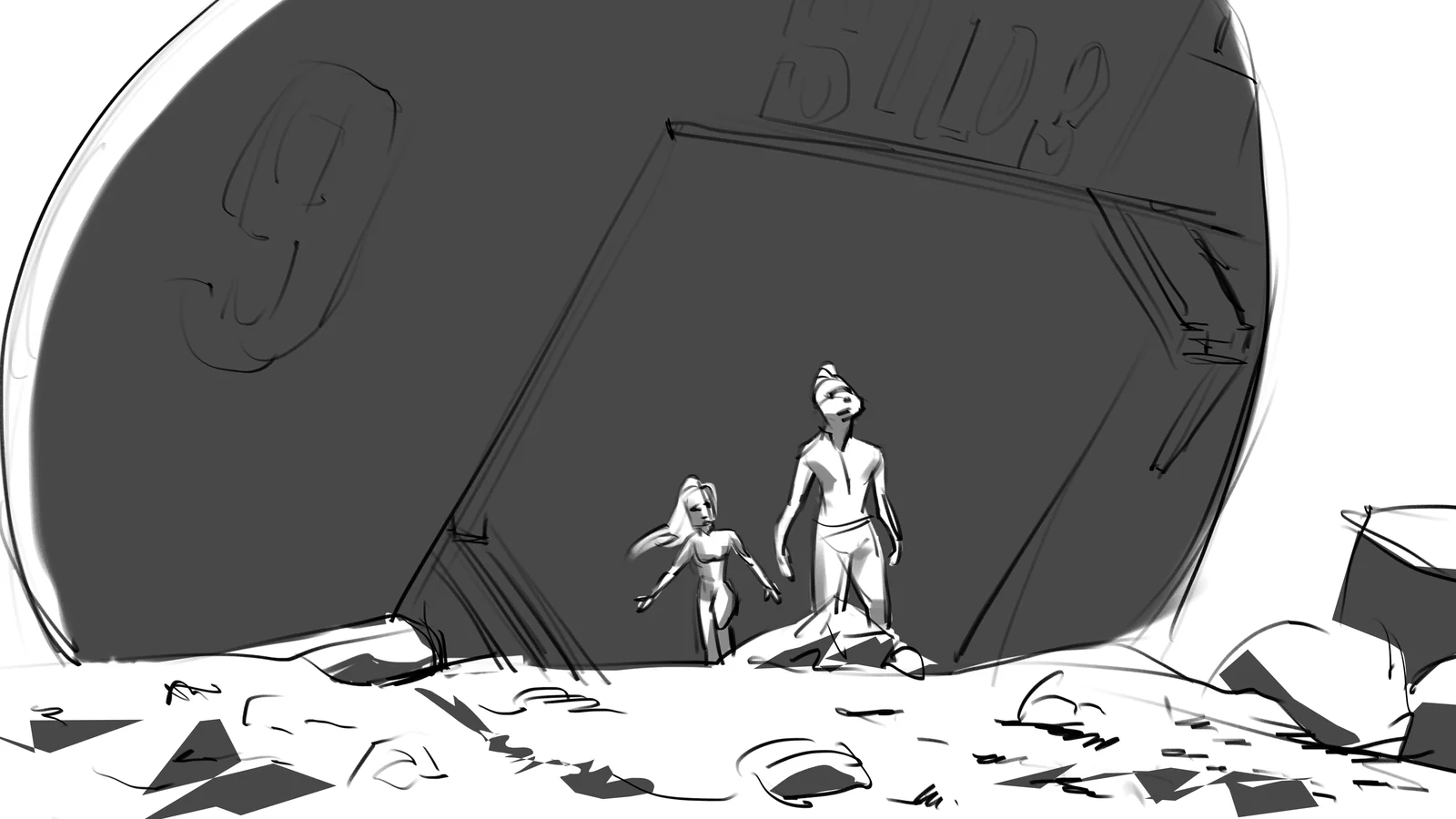 Two small figures at the mouth of a vast dark structure amid rubble