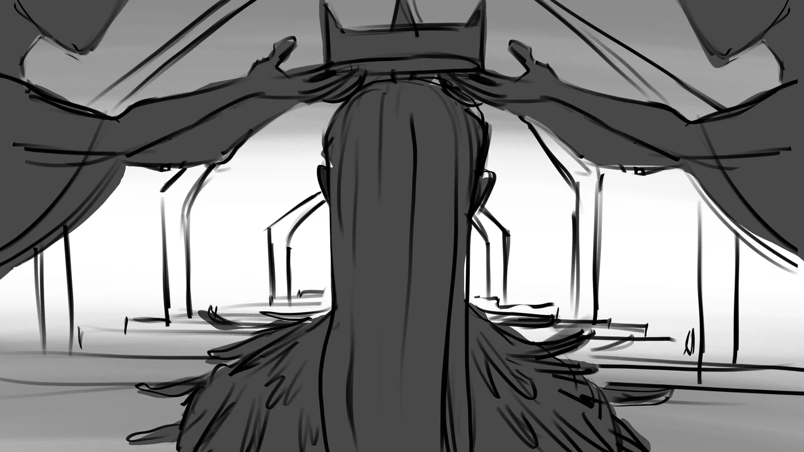 A long-haired figure seen from below, arms braced against a canopy