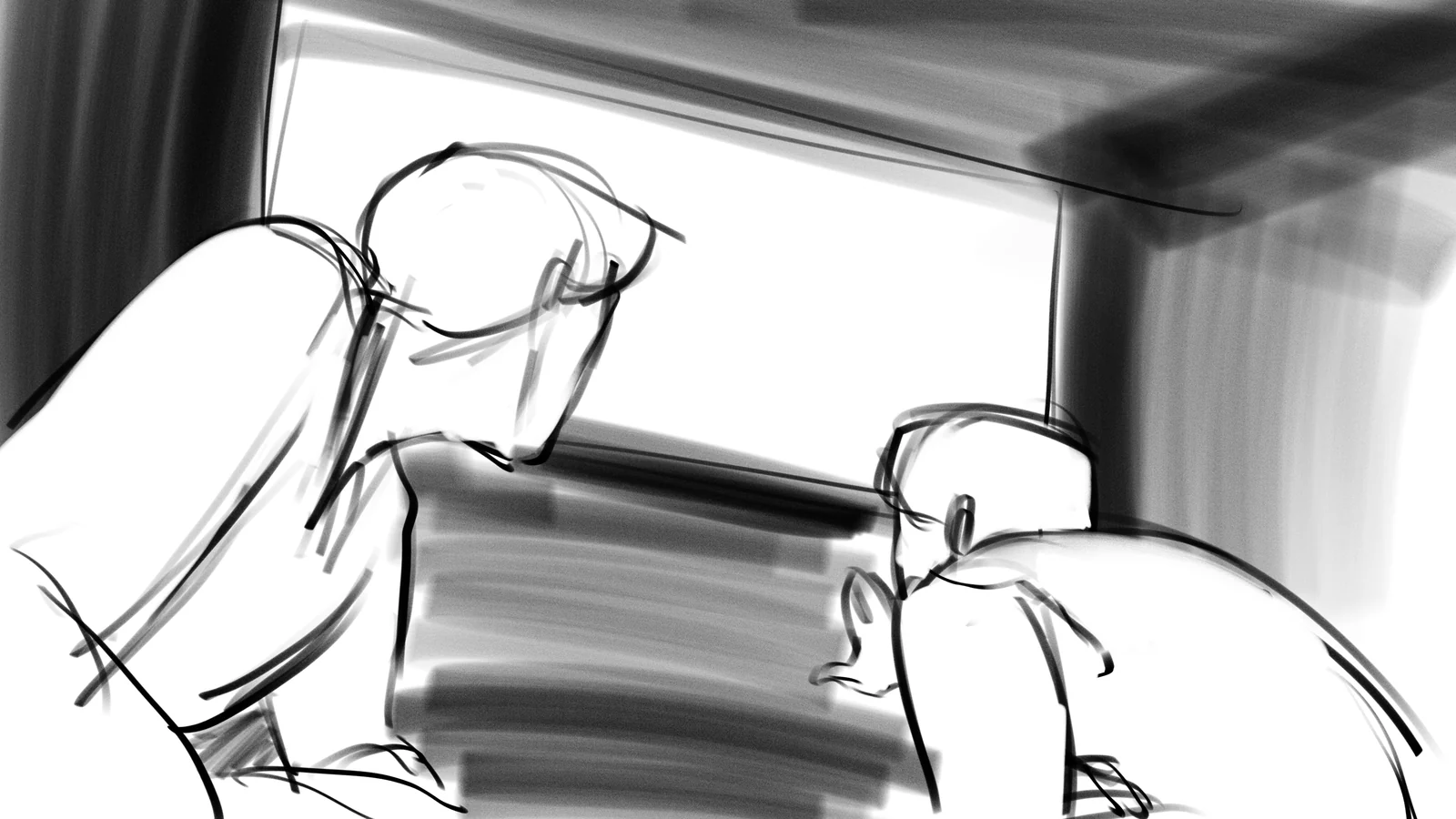 Two figures carrying a heavy object through a bright doorway