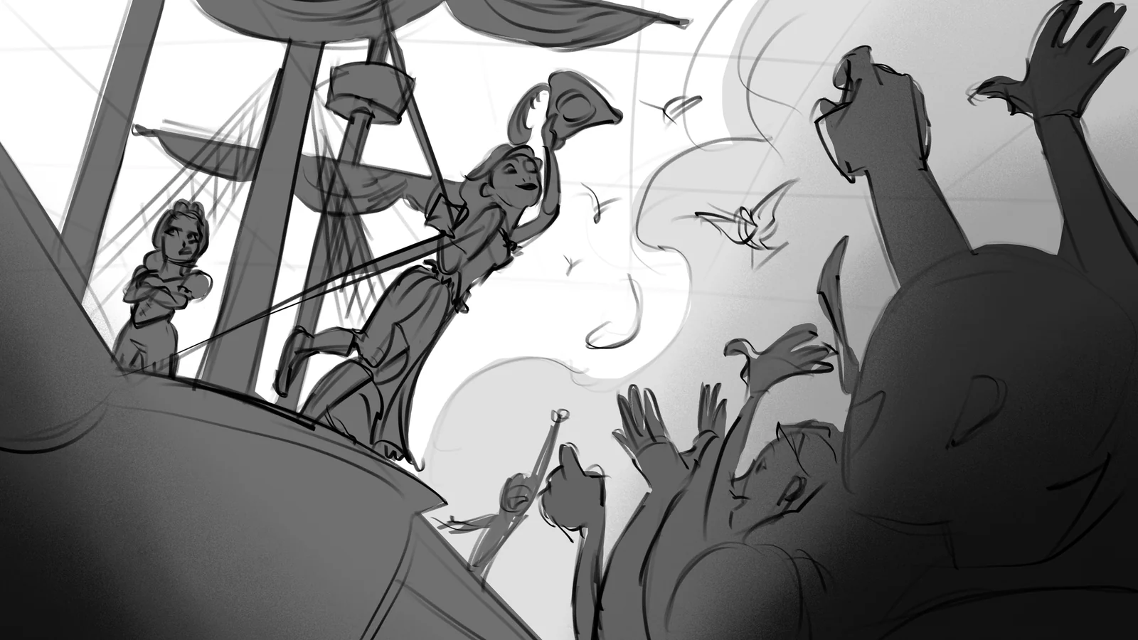 A crowd of creatures reaching up toward a rigging platform