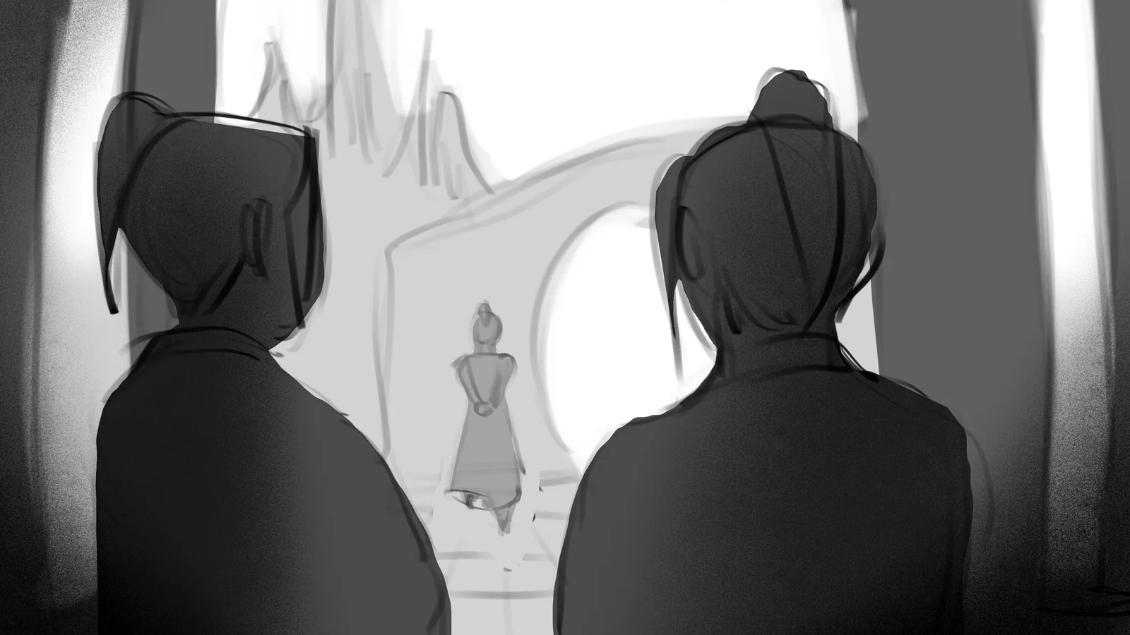 Two silhouetted figures watch a small lit figure in a distant archway