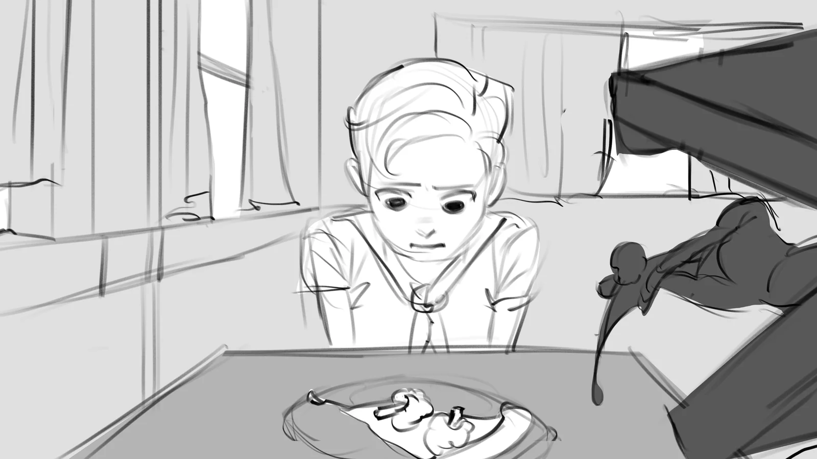 A figure at a table watches a small creature approach a dish