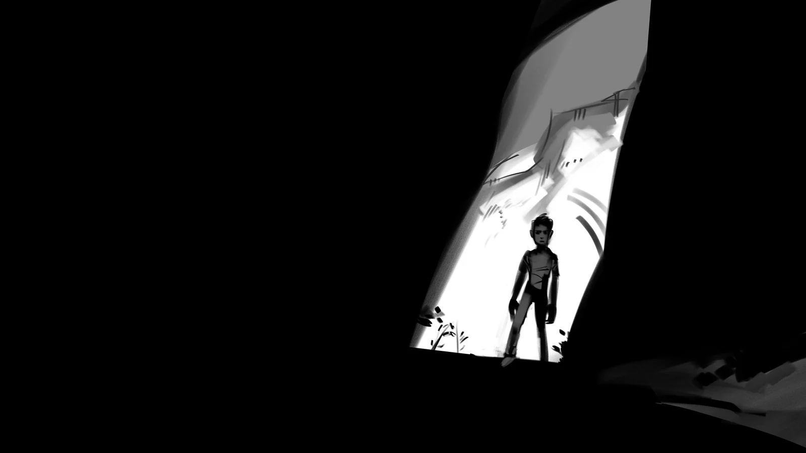 A lone figure in a narrow shaft of light cut into blackness