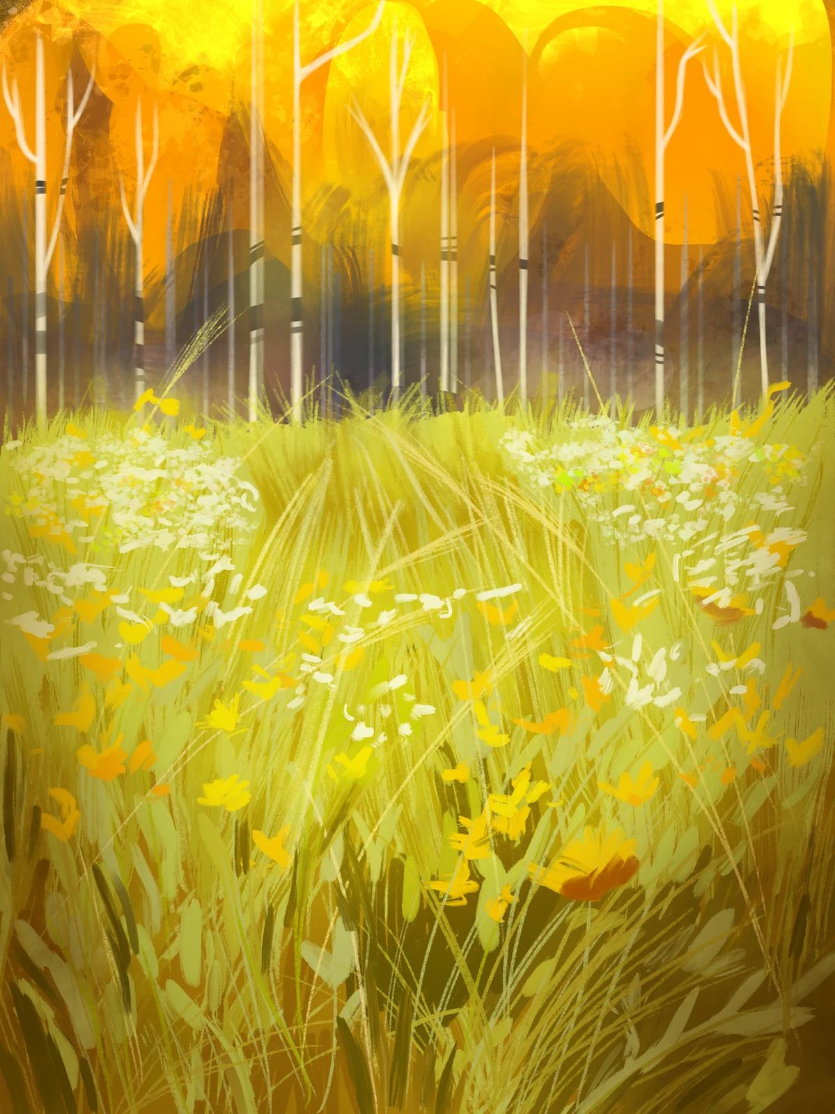 Painted study — backlit trees over a field of yellow grasses