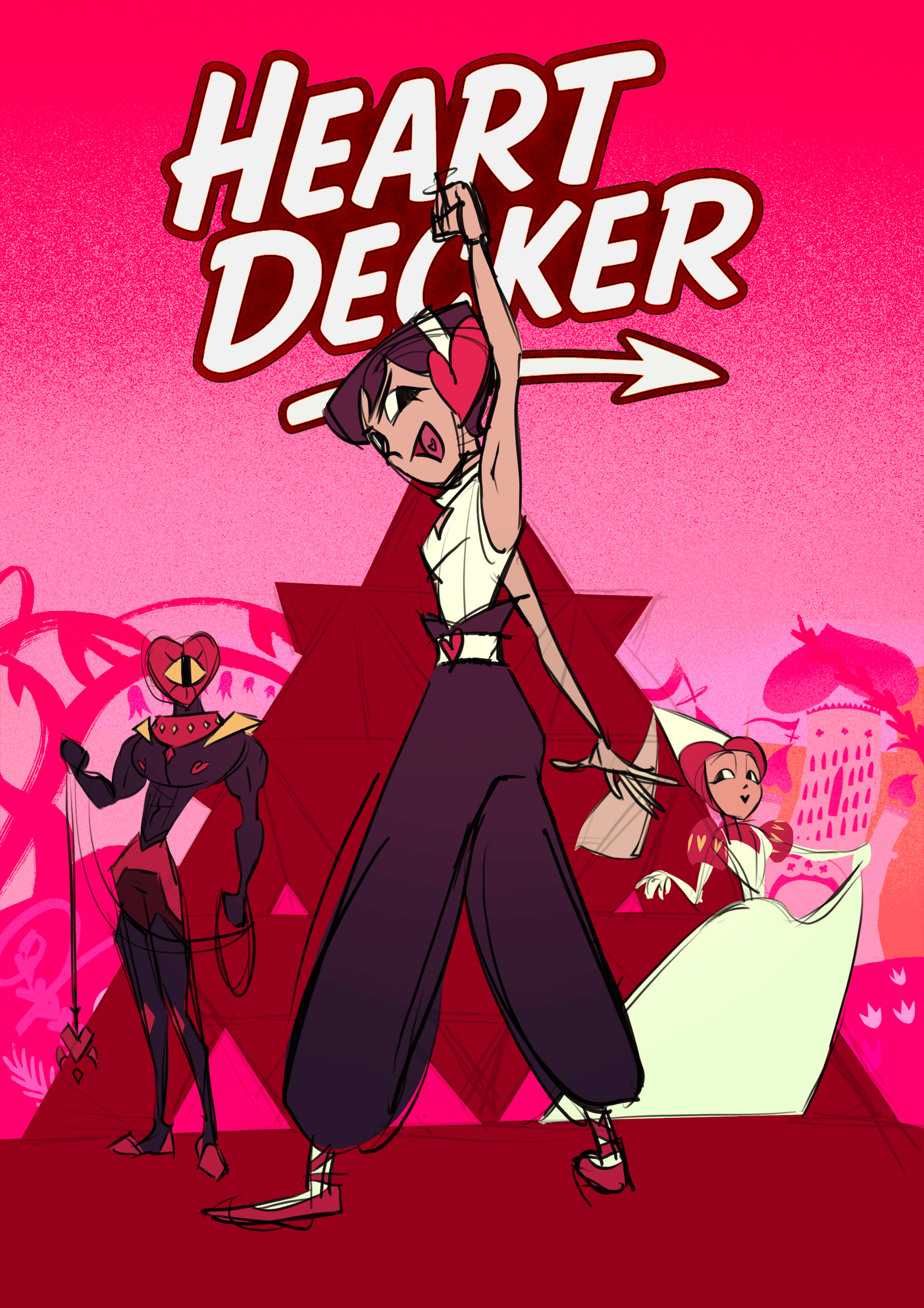 Heartdecker splash page — Valentine mid-swing under the series title, flanked by the Dealer and the Queen