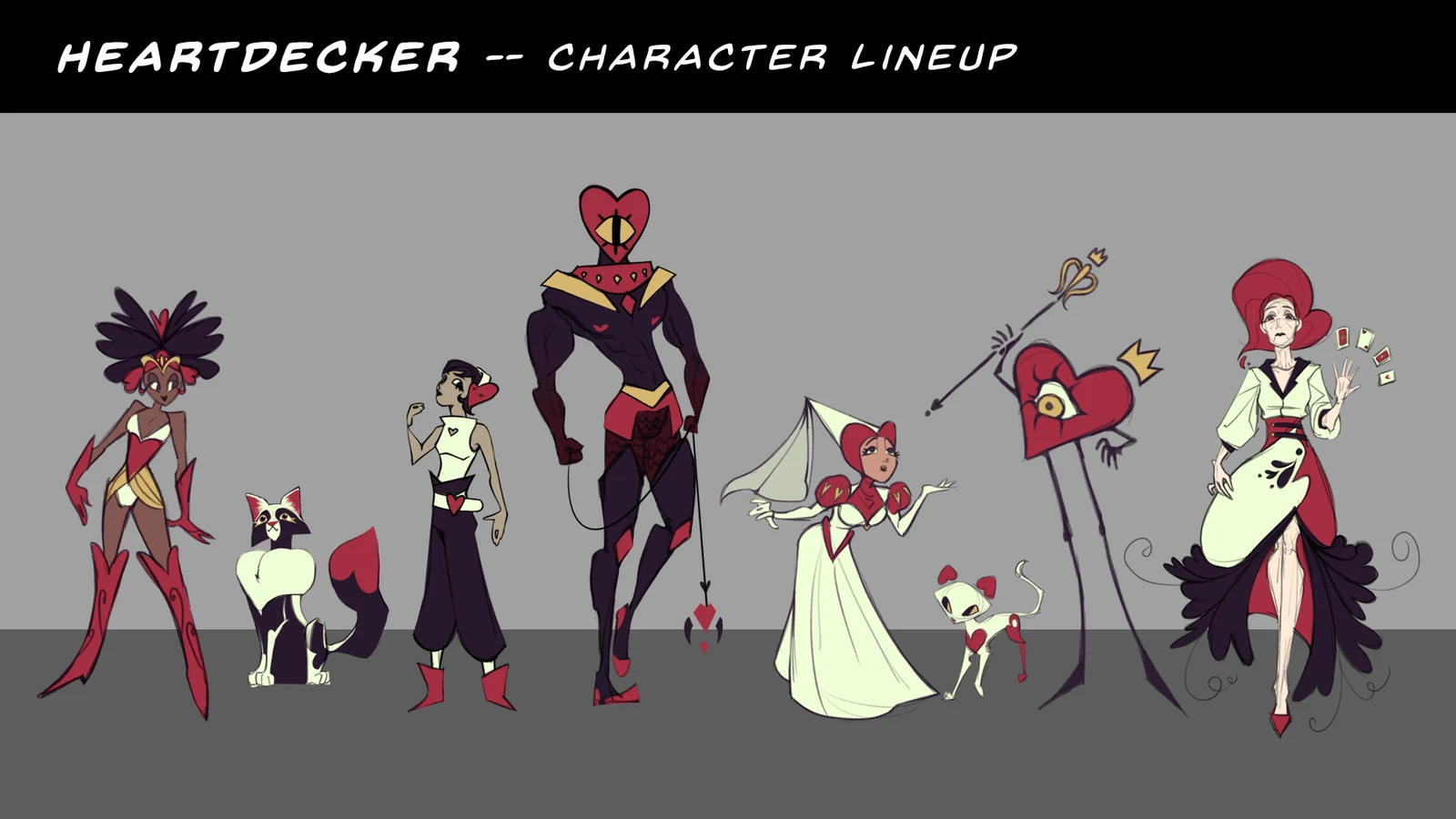 Heartdecker character lineup — eight characters in colour, scaled against each other on a grey ground