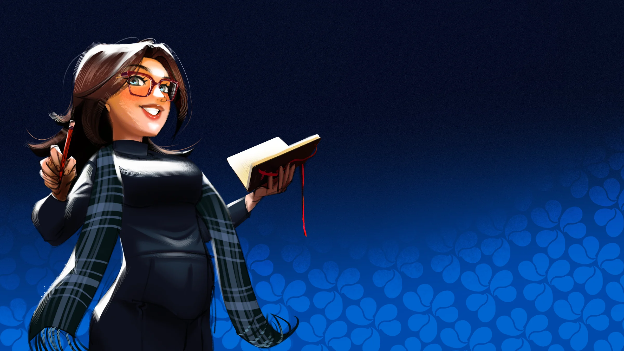 Illustrated self-portrait of Ana Meli Olivo holding an open book and a pencil