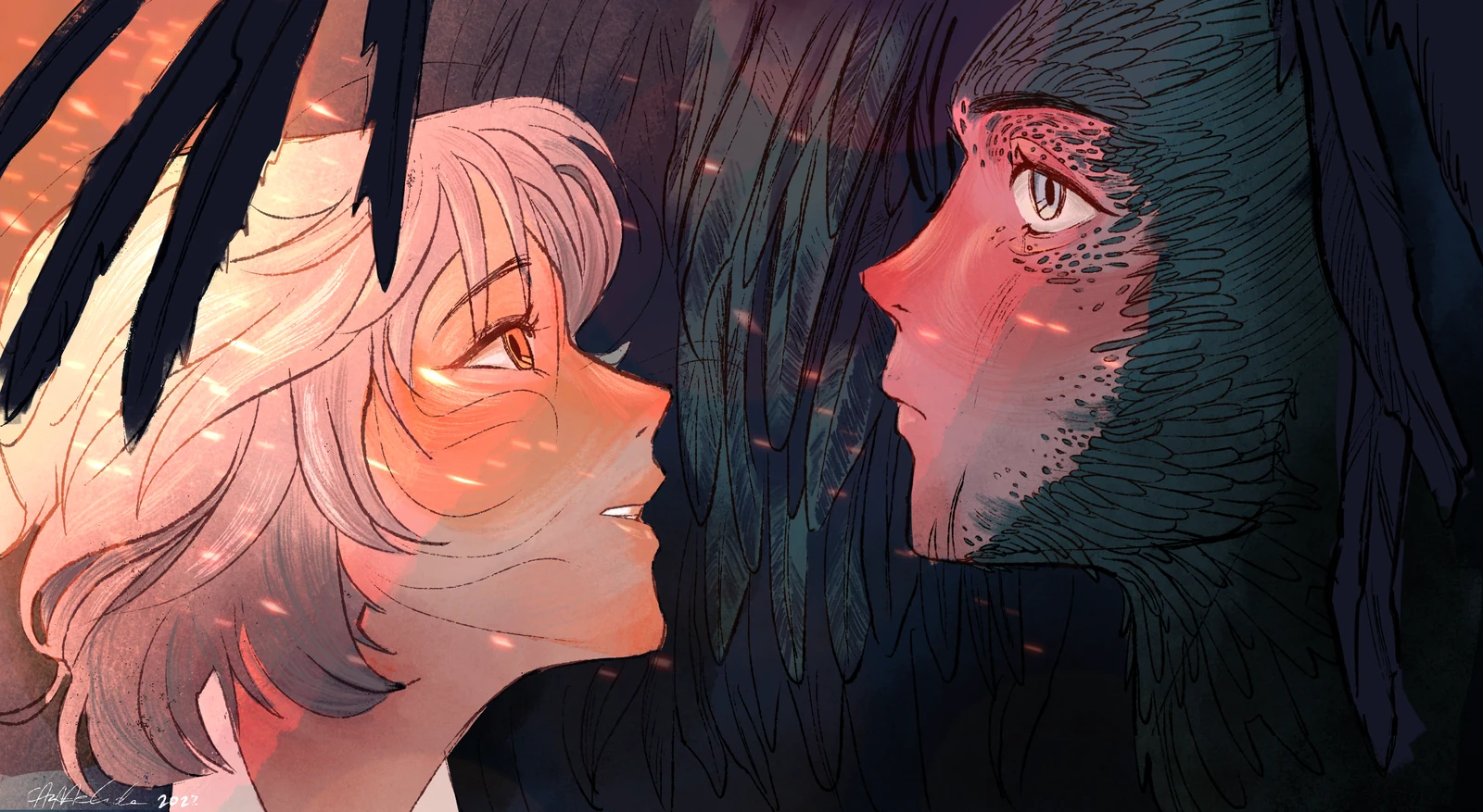 Two figures face each other in close profile, pink hair against dark feathers