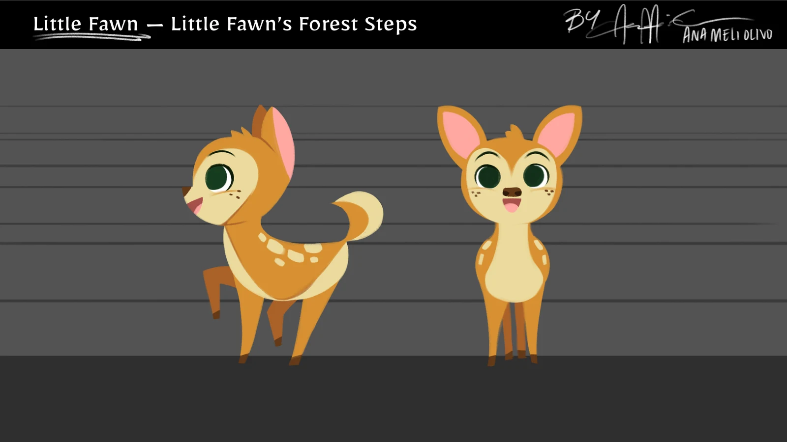 Little Fawn — a young deer in three-quarter and front views on a model-sheet height grid