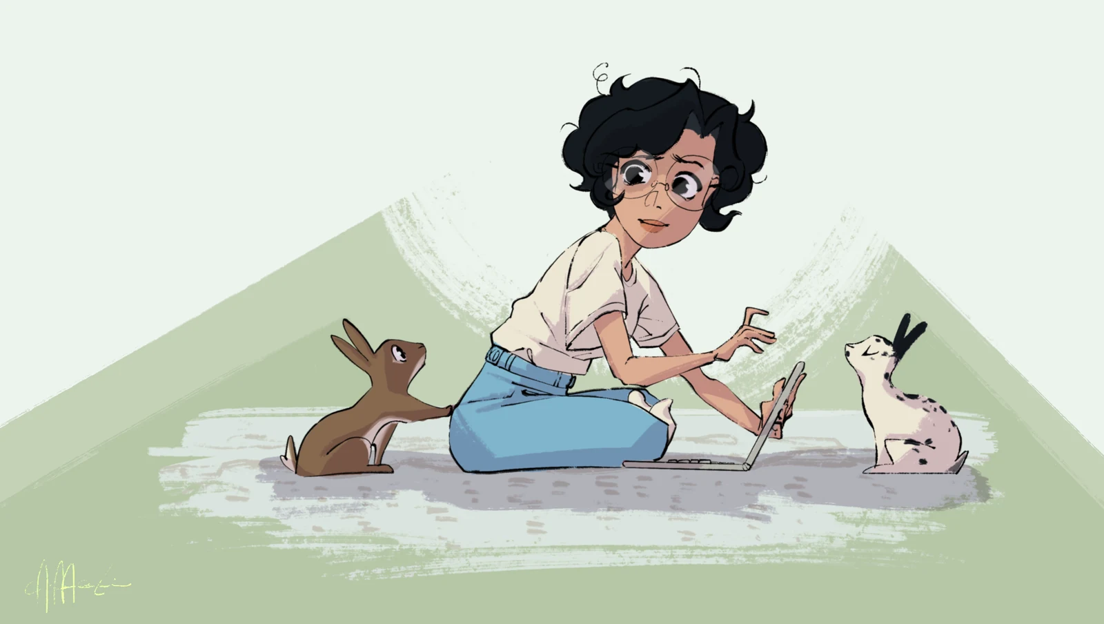 The artist seated on a rug drawing on a tablet, flanked by two rabbits