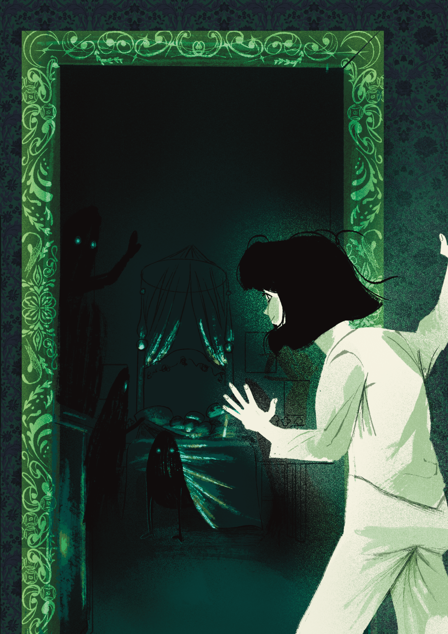 A figure in white reaches into an ornately framed dark room