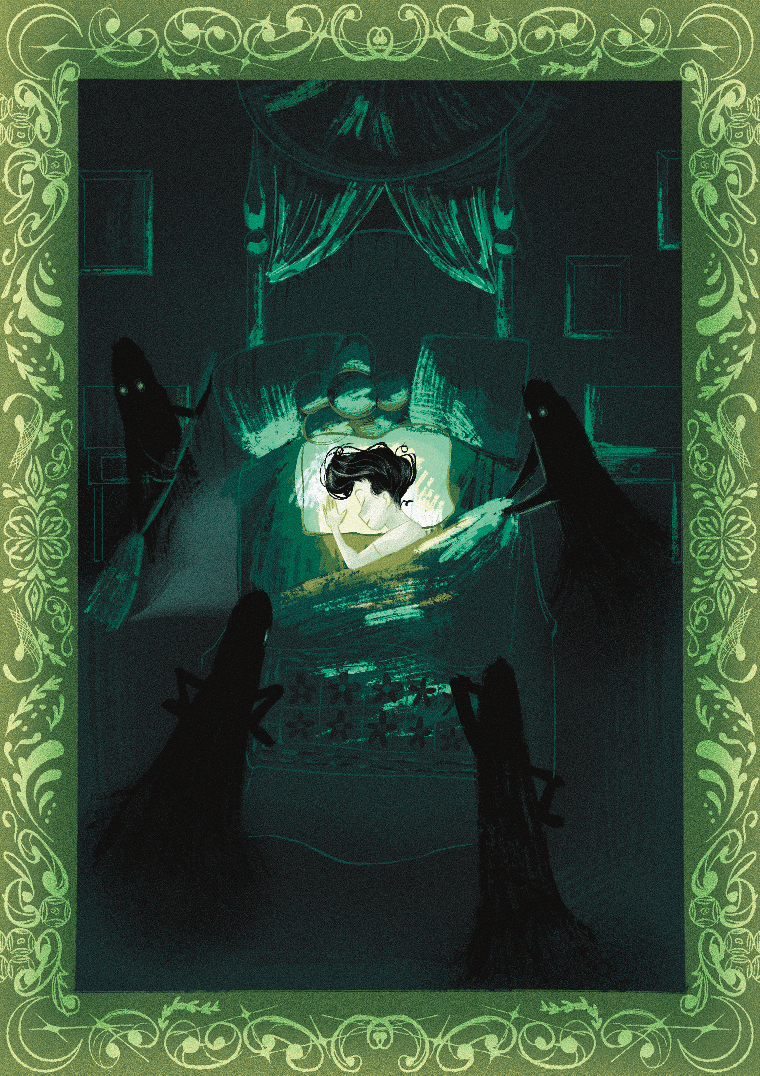 Phantoms gather around a lit bed inside an ornate frame