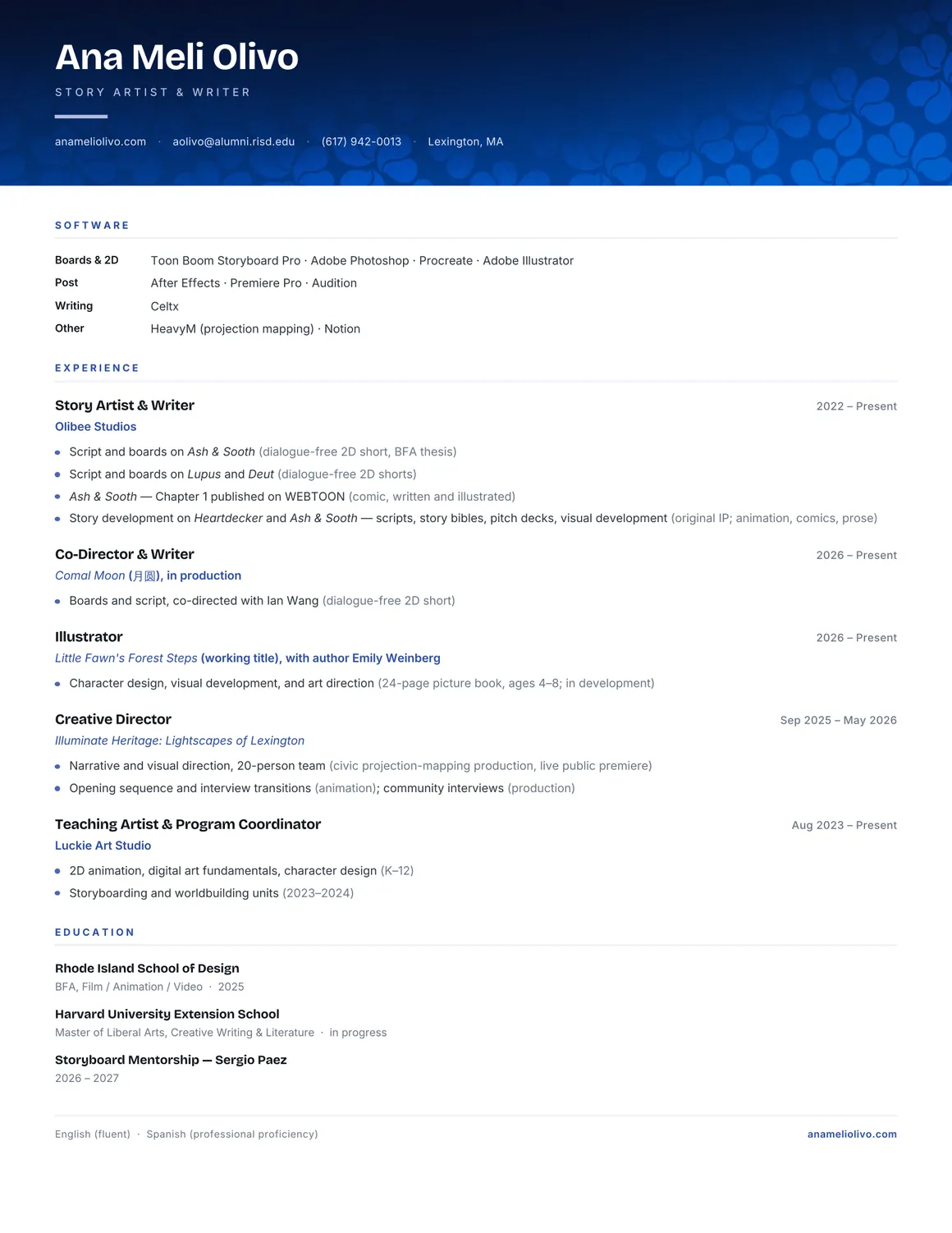 Résumé, one page: software, then experience as story artist and writer at Olibee Studios, co-director on Comal Moon, illustrator on Little Fawn's Forest Steps, creative director on Illuminate Heritage, and teaching artist at Luckie Art Studio; education at Rhode Island School of Design and Harvard University Extension School