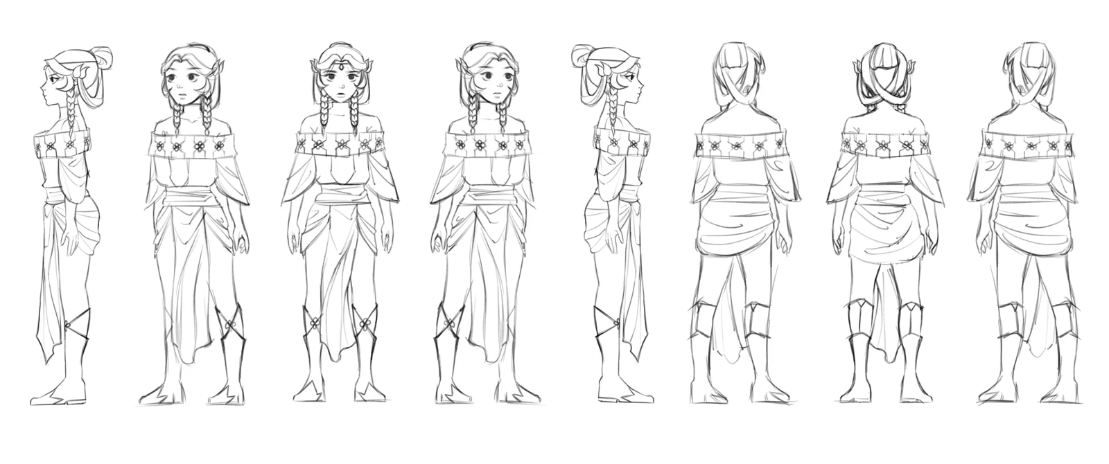 Ruhe turnaround — eight rotations of the same figure in clean line