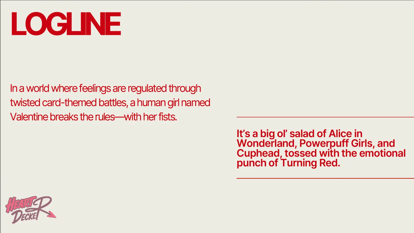 Heartdecker pitch deck — logline slide