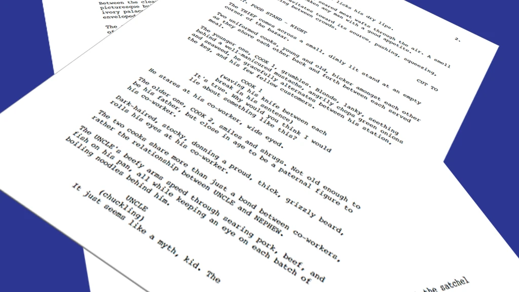 Two script pages fanned out at an angle on a deep navy ground
